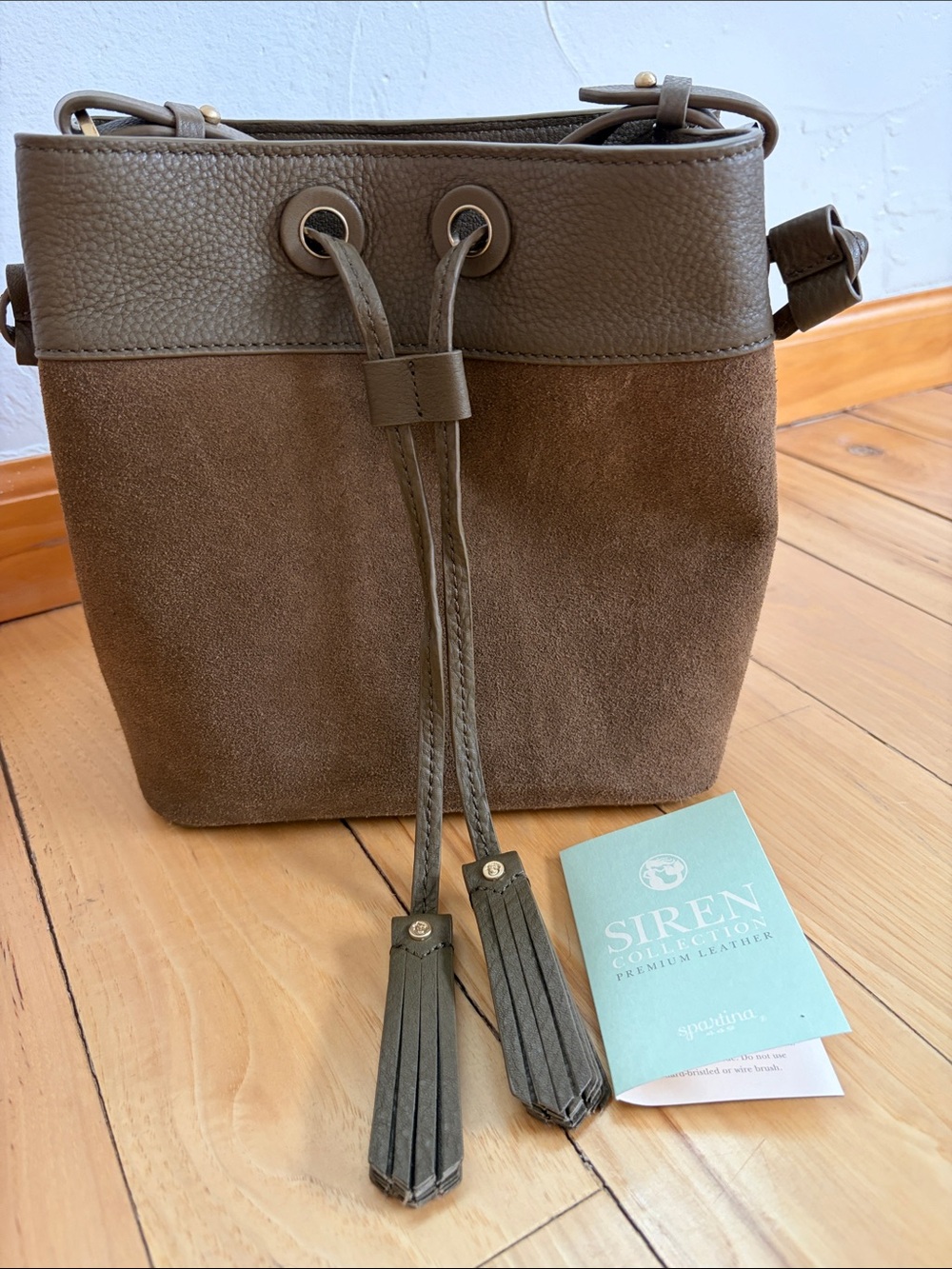 Spartina Olive Suede & Leather Crossbody Bucket Bag